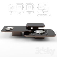 a skateboard shaped coffee table is shown in this graphic art rendering, it has three sections that are connected to each other