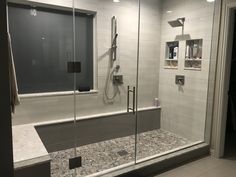 a walk in shower sitting inside of a bathroom