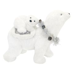 two white polar bears are holding pine cones