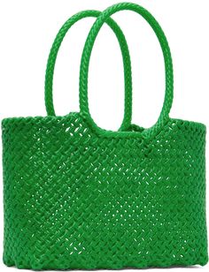 Structured hand-woven upcycled plastic tote in green. · Twin carry handles · Logo patch at face · Open throat · H9 x W16.5 x D5.5 · Total height: 14.5 Supplier color: Green Green Tote Bag With Intrecciato Weave, Green Intrecciato Weave Tote Bag, Green Square Woven Bag, Casual Green Woven Bag, Green Woven Leather Bag With Double Handle, Green Bag With Intrecciato Weave For Everyday Use, Handwoven Green Shopping Bag, Green Handwoven Shopping Bag, Green Rectangular Bags With Intrecciato Weave