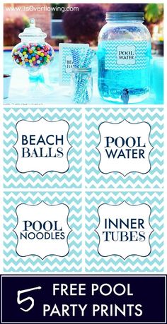 the pool party printables are on display