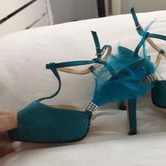 Customized Teal T-Strap, Peep-Toe Satin Evening Shoes With Feathers. Never Worn. The Feathers Were Moved From The Front Of The Shoe To The Side. Shoes With Feathers, Shoes Customized, Kate Spade Shoes, Evening Shoes, Shoes Color, T Strap, Shoes Women Heels, Feathers, Kate Spade