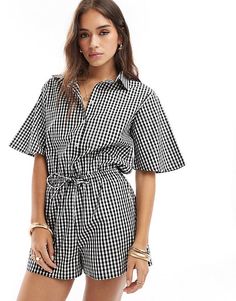 Esmée beach romper in black and white gingham | ASOS Chic Summer Gingham Jumpsuit, Chic Summer Plaid Jumpsuits And Rompers, Chic Plaid Jumpsuit For Summer, Chic Plaid Jumpsuits And Rompers For Summer, Black Button-up Jumpsuits And Rompers For Summer, Beach Playsuit, Beach Rompers, Gingham Fashion, Black And White Gingham