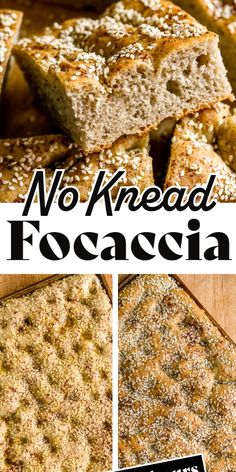 no knead focaccia bread is cut into squares and placed on a cutting board