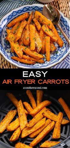 air fryer carrots in an air fryer with the words easy air fryer carrots