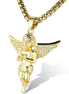 An Angel in golden finish and a 18 inch golden chain. Her wings are spread out with gracefulness and style. Wings are embedded with gemstones. Comes with either golden or silver gift box. A beautiful Golden ANGEL!! Elegant Winged Gold Jewelry, Gold Winged Necklace Perfect As A Gift, Elegant Gold Winged Jewelry, Angelic Gold Necklaces As Gifts, Angelic Gold Necklaces For Gifts, Angelic Gold Necklace For Gift, Gold Winged Necklace For Gift, Elegant Gold Necklace With Angel Wings, Elegant Gold Winged Necklace