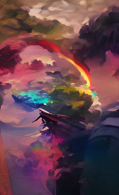 an abstract painting with colorful clouds and rainbows in the sky above it is a boat floating on water