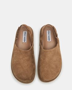 MELLOW Cognac Suede Slingback Platform Clog | Women's Flats – Steve Madden Flat Shoes For Fall, Spring Brown Clogs With Textured Sole, Spring Clogs With Cushioned Footbed For Everyday, Spring Everyday Clogs With Cushioned Footbed, Everyday Flat Heel Clogs With Rubber Sole, Casual Mules With Rubber Sole For Everyday, Casual Slingback Mules For Work, Casual Everyday Mules With Rubber Sole, Casual Mules With Textured Sole