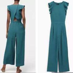 J. Crew Ruffle Sleeveless Crepe Jumpsuit In Spicy Jade Size 2. New Without Tags Rise To Every Occasion, From Birthdays To Bridal Parties In This Sleek Versatile Jumpsuit Featuring Delicately Ruffled Shoulder, Open Back Detail, Nipped In Waist. The Wide Leg Hits Right At The Ankle, Making This An Instant Outfit That Pairs Well With Both Flats As Well As Heels. Approximate Measurements: 36” Bust 26” Waist 52” Length 23” Inseam 14” Rise 100% Polyester * Ruffle Shoulders * Open Back * Nipped In Wais Summer Workwear Jumpsuits And Rompers With Ruffles, Casual Ruffled Jumpsuits And Rompers For Work, Green Sleeveless Ruffled Jumpsuits And Rompers, Fitted Sleeveless Jumpsuit With Ruffles, Casual Sleeveless Jumpsuits And Rompers With Ruffles, Casual Sleeveless Jumpsuits With Ruffles, Crepe Jumpsuit, Ankle Length, Size 2