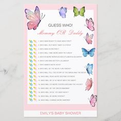 a pink and blue baby shower game with butterflies on the side, which says guess who