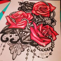 a drawing of red roses and pearls on paper