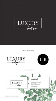 three different logos for luxury boutiques, including one with leaves on it and the other with