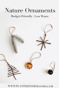 three ornaments with the words nature ornaments budget - friendly low waste