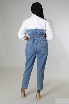 White Collared denim button down jumpsuit with elastic waist band. Aside from the waist, there is no stretch on this jumpsuit. Model is wearing a size small Casual High Waist Jumpsuits And Rompers, Casual Long Sleeve Jumpsuits And Rompers With Elastic Waistband, White Casual Denim Jumpsuit, Casual White Denim Jumpsuit, White Denim Casual Jumpsuits And Rompers, Casual White Denim Jumpsuits And Rompers, Woman Jumpsuit, Emma Jane, Stretch Jumpsuit