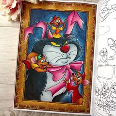 an adult coloring book with cartoon characters on the pages and flowers in the back ground