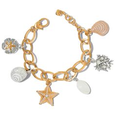 Seashells, coral and starfish shapes are rendered in amazing three-dimensional detail on the pretty charms that dangle from this modern golden link bracelet. Spring Handbags, Brighton Jewelry, Handbag Charms, Themed Jewelry, Shell Jewelry, Jewelry Inspo, Colorful Bracelets, The Pretty, Bracelet Sizes