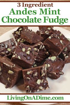 chocolate fudges stacked on top of each other with text overlay that reads 3 ingredient andess mint chocolate fudge