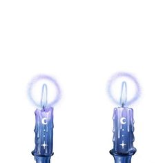 two blue candles with the letter c on them are shown in front of a white background