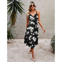 Black & White Floral Print Spaghetti Straps Tie Waist Midi Dress Black Cami Dress For Spring, Black Cami Sundress For The Beach, Black Midi Sundress For Summer, Black Cami Sundress For Summer, Black Cami Dress For Vacation, Black Midi Dress With Spaghetti Straps For Summer, Black Sundress With Spaghetti Straps For Summer, Black Spaghetti Straps Sundress For Summer, Black Cami Beach Dress