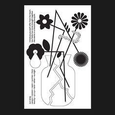 a black and white poster with flowers in a vase