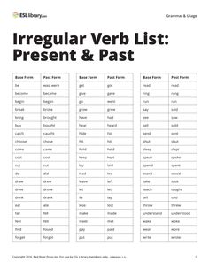 the irregular verb list for present and past