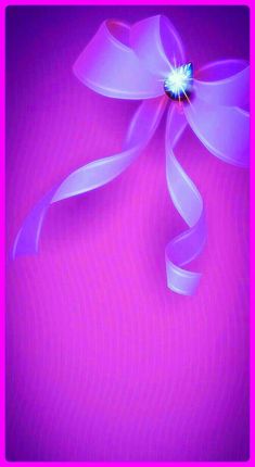 a pink background with a purple ribbon and a light blue jewel in the center on top