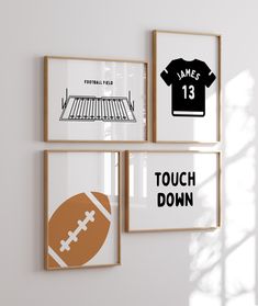 three framed sports pictures hang on the wall above a football, t - shirt and soccer ball