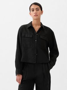 100% Linen Cropped Shirt Black Flannel, Women Shirt Top, Linen Crops, Cropped Shirt, Linen Blouse, Black Linen, Crop Shirt, Petite Size, Cotton Poplin