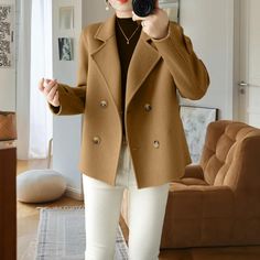 Women Long-sleeved Jacket Elegant Double-breasted Woolen Coat for Women Warm Stylish Fall/winter Double Breasted Coat Women, Fall Winter Jacket, Suit Collar, Loose Coats, Women Outerwear, Middle Age Fashion, Coat For Women, Hip Hop Outfits, Formal Business