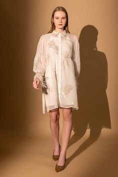 Ivory silk georgette dress with floral pattern and cutdana embroidered collar and cuffs. - Aza Fashions Silk Georgette Dress, Pattern Dress Women, Floral Pattern Dress, Georgette Dress, Embroidered Collars, Ivory Silk, Pattern Dress, Collar Pattern, Dresses Short