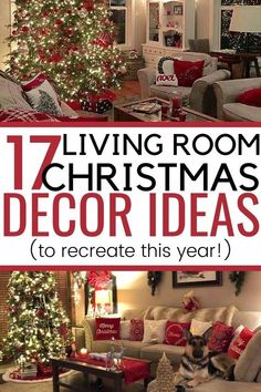 living room decorated for christmas with red and white decor