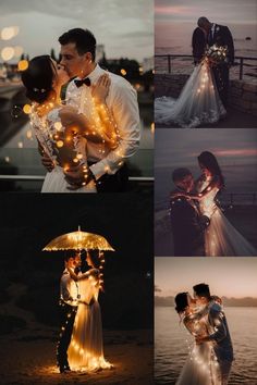 a couple is kissing under an umbrella with lights on the ground and in front of them