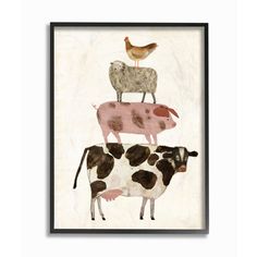 three cows and two birds are standing on top of each other in this art print