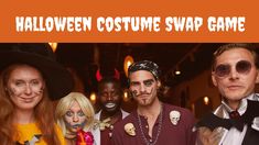 a group of people in halloween costumes posing for a photo with the caption halloween costume swap game