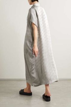 BALENCIAGA Oversized frayed satin-jacquard midi shirt dress | NET-A-PORTER Balenciaga Clothing, Midi Shirt Dress, Jacquard Weave, Gray Dress, Net A Porter, Women Collection, Luxury Design, Shirt Style, Balenciaga