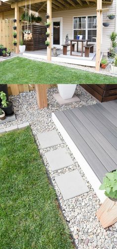 a backyard with grass, rocks and wooden decking on the side of the house