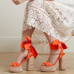 Orange Ankle Strap Espadrilles Platform Round Toe Sandals Women Summer Lace Up Thick Heel Open Espadrilles Platform, Summer Lace, Slingback Shoes, Thick Heel, Sandals Women, Thick Heels, Toe Sandals, Ankle Strap, Womens Sandals