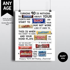 a poster with the words happy birthday on it and some candy bar stickers below