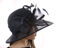 Derby style hat, Navy wide-brim hat, Kentucky derby hat, Asymmetric sun hat, Wedding hat, Tea Party Chic Fedora Party Hat, Chic Brimmed Cloche Hat For Kentucky Derby, Elegant Wide Brim Sun Hat For Formal Occasions, Formal Elegant Wide Brim Sun Hat, Elegant Formal Wide Brim Sun Hat, Elegant Fedora Sun Hat For Kentucky Derby, Wide Brim Fascinator For Kentucky Derby Party, Elegant Brimmed Boater Hat For Garden Party, Chic Cloche Hat For Garden Party