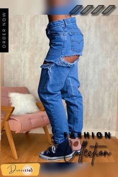 High Waist Cut Out Ripped Holes Denim Straight Pants Straight Pants, 1 Million, Cut Out, High Waist, High Waisted, Pants, Trousers