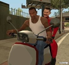 two men riding on the back of a motor scooter in gta san francisco