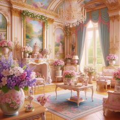 a living room filled with lots of furniture and flowers in vases on the floor