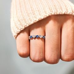 Always Protected Heart&Evil Eye Ring Band Eyeball Ring, Blue Eye Ring, Heart Evil Eye, Evil Eye Ring, Sterling Necklaces, Blue Evil Eye, Eye Ring, Blue Eye, Open Ring