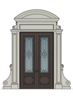 the front view of a double door with two glass panels and an arch above it