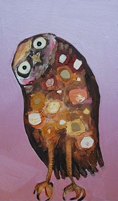 an owl is standing in front of a pink background with lots of circles and dots on it's body