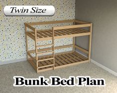 bunk bed plan with twin size mattresses and no sheets on the bottom shelf, in front of a polka dot wallpapered room