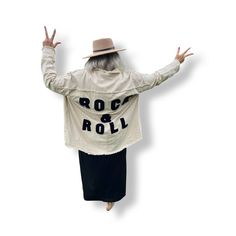 Rock And Roll Twill Jacket~ Slogan Patch Button Down Raw Hem Longline Twill Jacket Fabric100% Cotton Rock Style Long Sleeve Winter Outerwear, Rock Style Cotton Outerwear For Fall, Spring Retro Long Sleeve Utility Jacket, Retro Long Sleeve Utility Jacket For Spring, Twill Jacket, Rock Roll, Long A Line, Rock And Roll