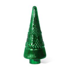 a shiny green plastic christmas tree on a white background with clippings to the bottom