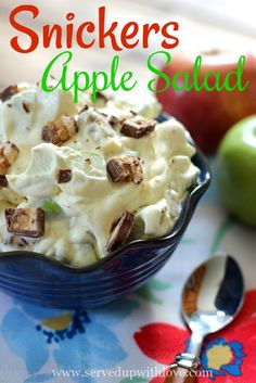 a bowl filled with apple salad next to an apple