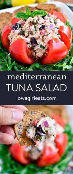 this mediterranean tuna salad is loaded with tomatoes, olives, and lettuce